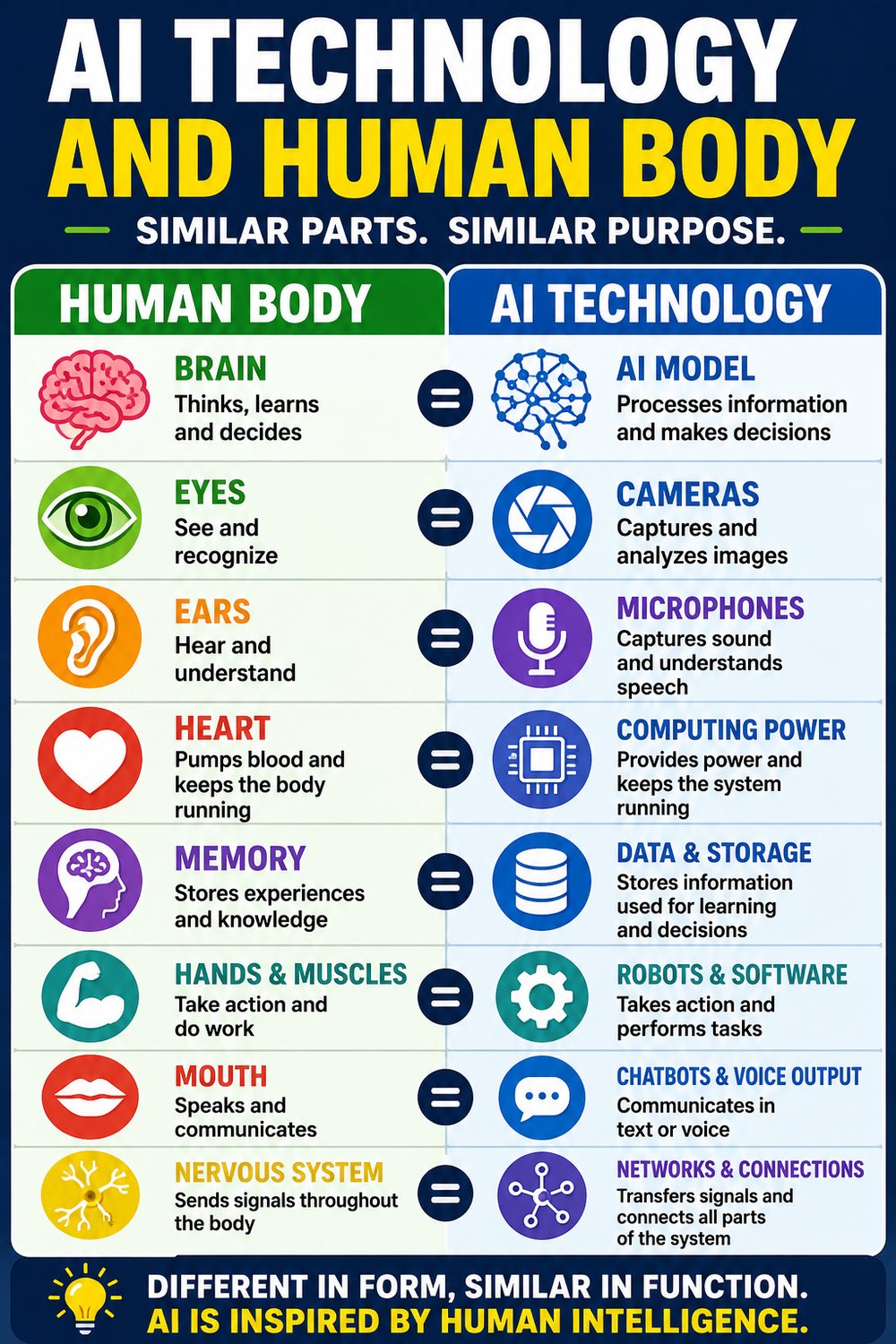 Infographic comparing parts of the human body with the equivalent parts of an AI system